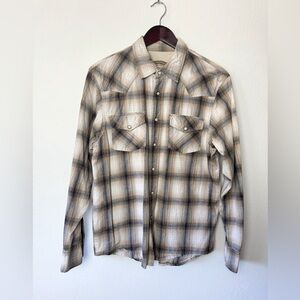MO55issue mens Long Sleeve Brown Plaid Snap Button Shirt Size Medium 100% Cotton